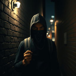 A mysterious thief wearing a bandana mask, dressed in dark urban clothing, stealthily navigating through a dimly lit alleyway