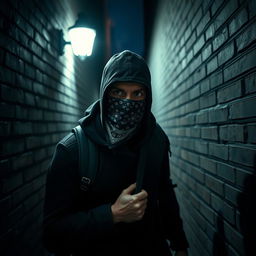 A mysterious thief wearing a bandana mask, dressed in dark urban clothing, stealthily navigating through a dimly lit alleyway