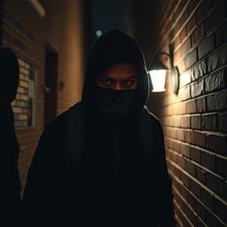 A mysterious thief wearing a bandana mask, dressed in dark urban clothing, stealthily navigating through a dimly lit alleyway