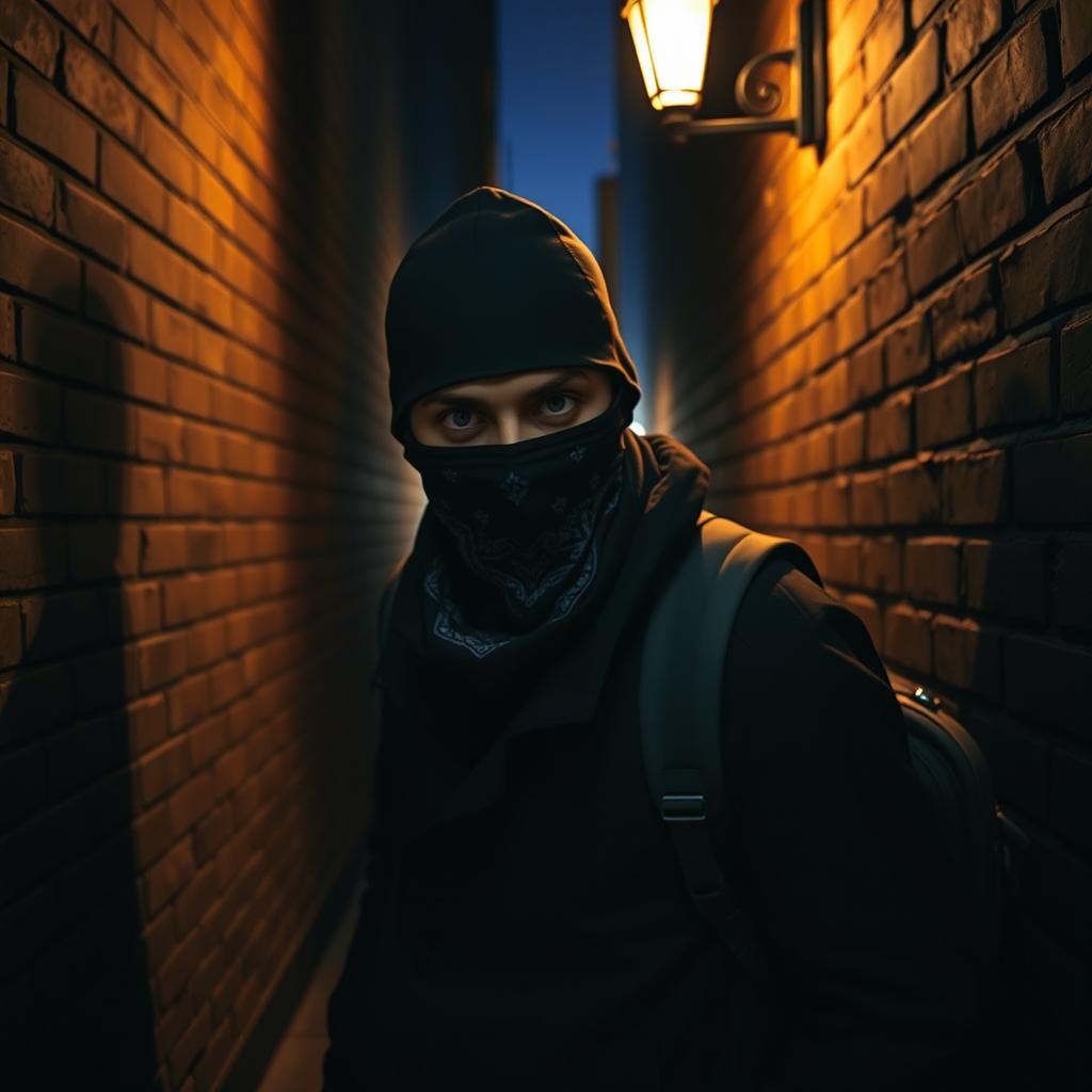 A mysterious thief wearing a bandana mask, dressed in dark urban clothing, stealthily navigating through a dimly lit alleyway