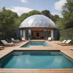 An architectural design showcasing a harmonious amalgamation of a geodesic dome, a repurposed shipping container, and a rectangular swimming pool, each separate but seamlessly integrated into the layout.