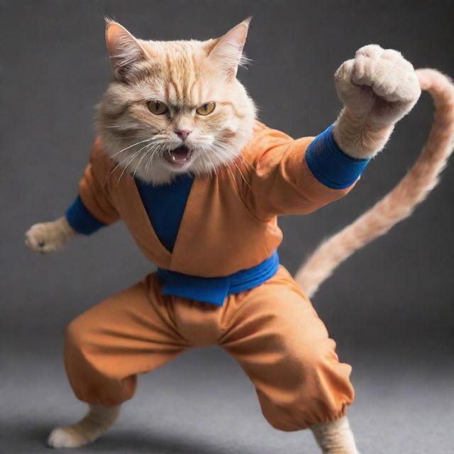 A cat styled as Goku from Dragon Ball Z engaged in a fierce battle with an earnest-mode Saitama from One Punch Man.