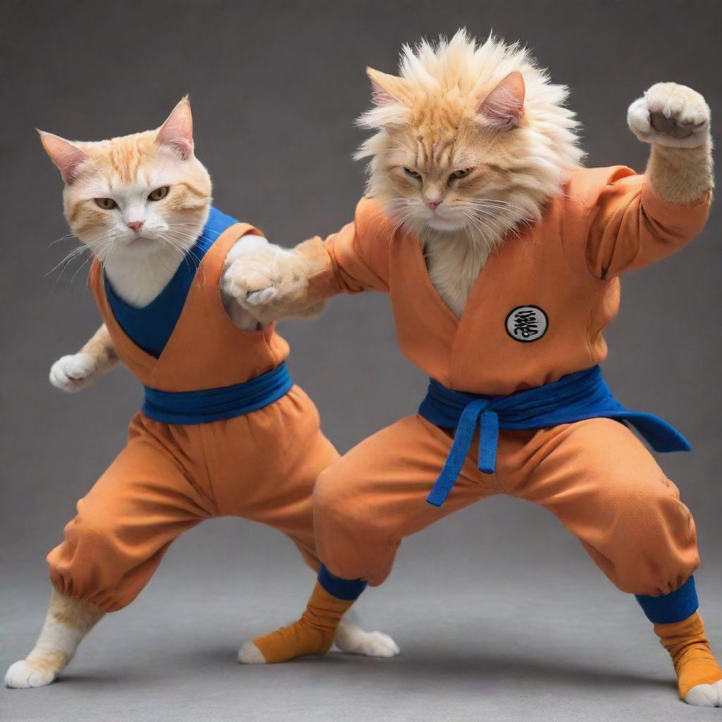 A cat styled as Goku from Dragon Ball Z engaged in a fierce battle with an earnest-mode Saitama from One Punch Man.