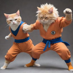 A cat styled as Goku from Dragon Ball Z engaged in a fierce battle with an earnest-mode Saitama from One Punch Man.