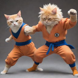 A cat styled as Goku from Dragon Ball Z engaged in a fierce battle with an earnest-mode Saitama from One Punch Man.