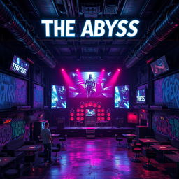 A futuristic underground concert venue named 'The Abyss', characterized by its cyberpunk aesthetic