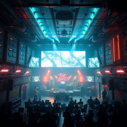 A futuristic underground concert venue named 'The Abyss', characterized by its cyberpunk aesthetic