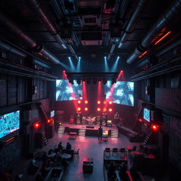 A futuristic underground concert venue named 'The Abyss', characterized by its cyberpunk aesthetic