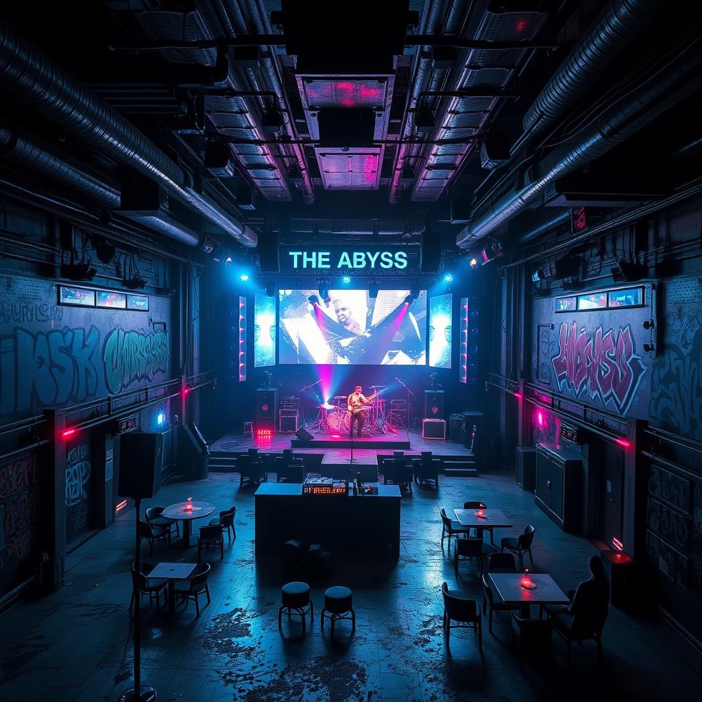 A futuristic underground concert venue named 'The Abyss', characterized by its cyberpunk aesthetic