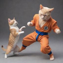 A cat styled as Goku from Dragon Ball Z engaged in a fierce battle with an earnest-mode Saitama from One Punch Man.