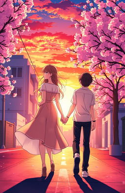 A beautiful, artistic anime cover depicting two lovers walking in opposite directions against a vibrant sunset