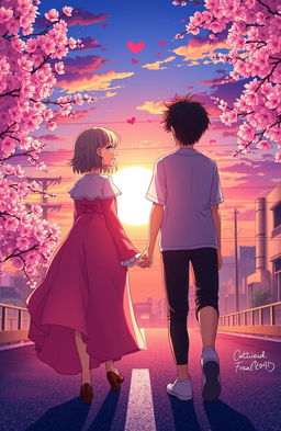 A beautiful, artistic anime cover depicting two lovers walking in opposite directions against a vibrant sunset