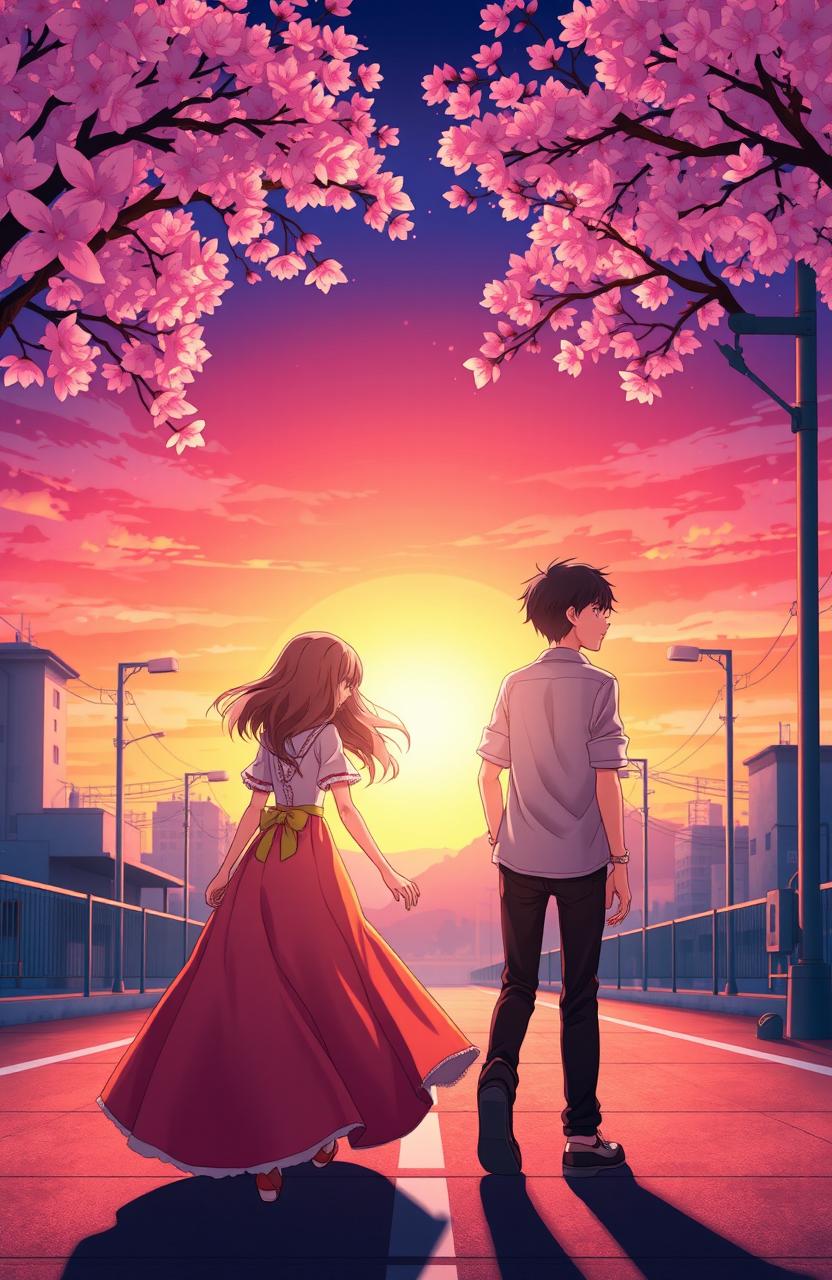 A beautiful, artistic anime cover depicting two lovers walking in opposite directions against a vibrant sunset