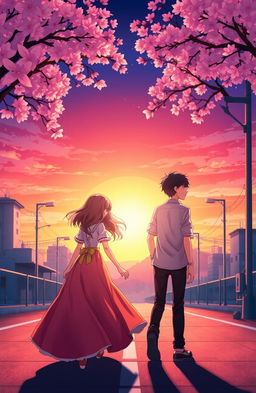 A beautiful, artistic anime cover depicting two lovers walking in opposite directions against a vibrant sunset