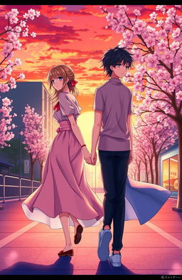 A beautiful, artistic anime cover depicting two lovers walking in opposite directions against a vibrant sunset