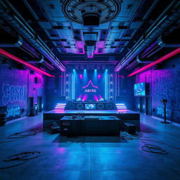 An empty underground concert venue named 'The Abyss', designed in a striking cyberpunk style