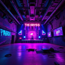 An empty underground concert venue named 'The Abyss', designed in a striking cyberpunk style