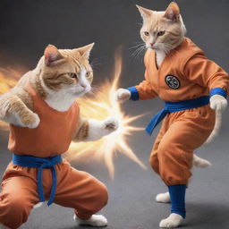 A cat styled as Goku from Dragon Ball Z engaged in a fierce battle with an earnest-mode Saitama from One Punch Man.