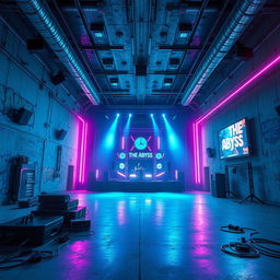 An empty underground concert venue named 'The Abyss', designed in a striking cyberpunk style