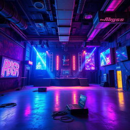 An empty underground concert venue named 'The Abyss', designed in a striking cyberpunk style