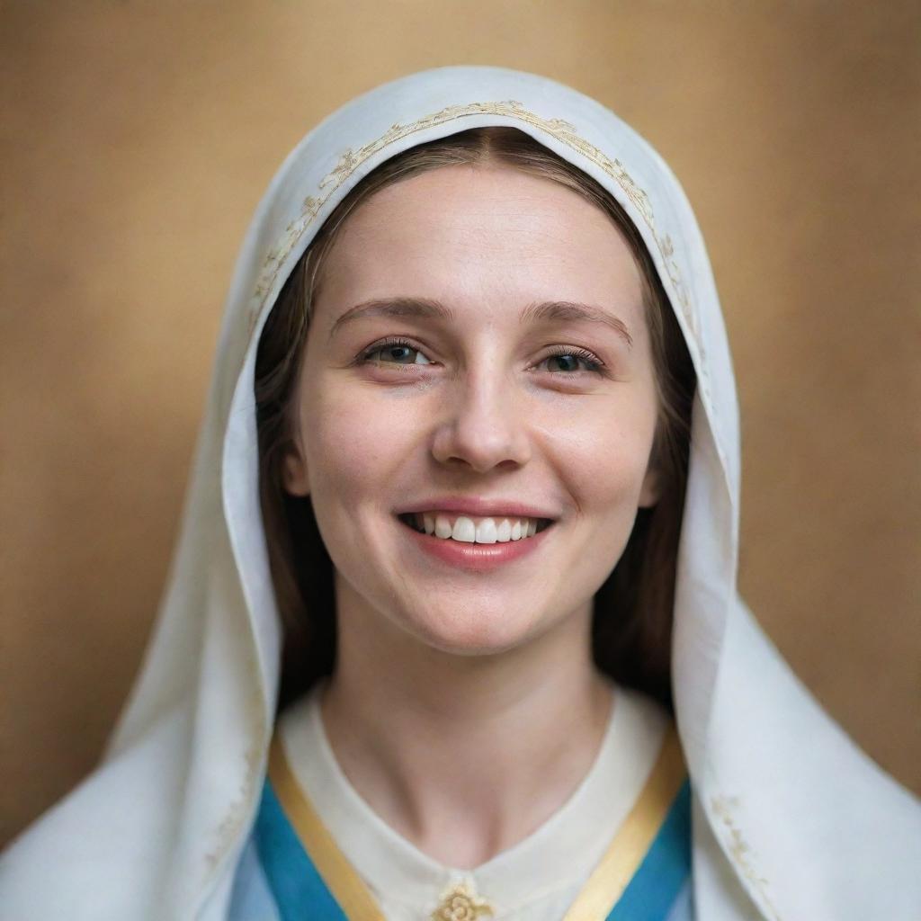 A tender image of Virgin Mary smiling with a serene and loving expression.