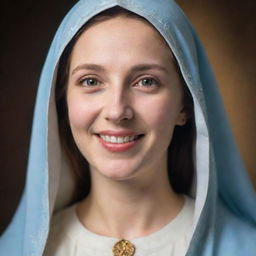 A tender image of Virgin Mary smiling with a serene and loving expression.