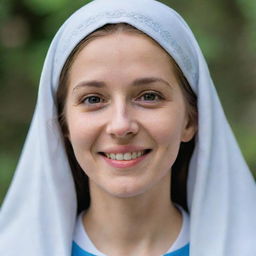 A tender image of Virgin Mary smiling with a serene and loving expression.