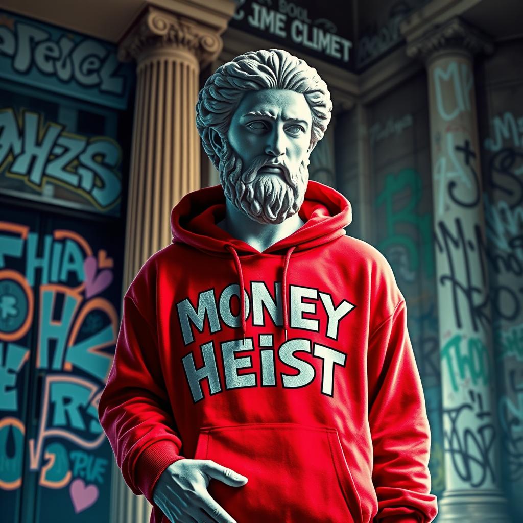 An artistic representation of a Greek statue reimagined in a modern urban style, dressed in a vibrant red hoodie emblazoned with stylized 'Money Heist' letters