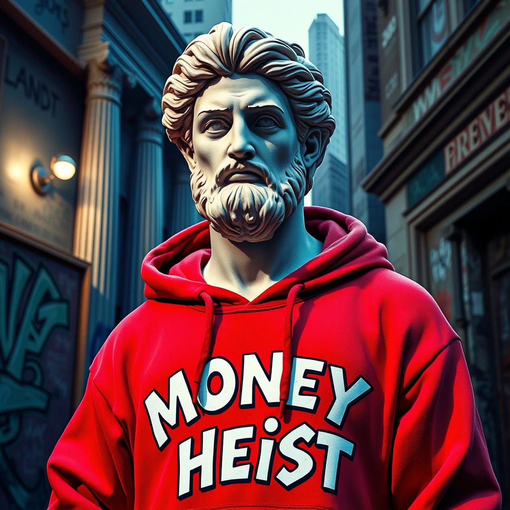 An artistic representation of a Greek statue reimagined in a modern urban style, dressed in a vibrant red hoodie emblazoned with stylized 'Money Heist' letters