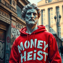 An artistic representation of a Greek statue reimagined in a modern urban style, dressed in a vibrant red hoodie emblazoned with stylized 'Money Heist' letters