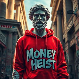 An artistic representation of a Greek statue reimagined in a modern urban style, dressed in a vibrant red hoodie emblazoned with stylized 'Money Heist' letters