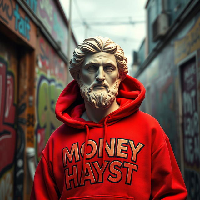 An artistic representation of a Greek statue in a modern urban setting, dressed in a bold red hoodie featuring stylized letters that read 'Money Hayst'