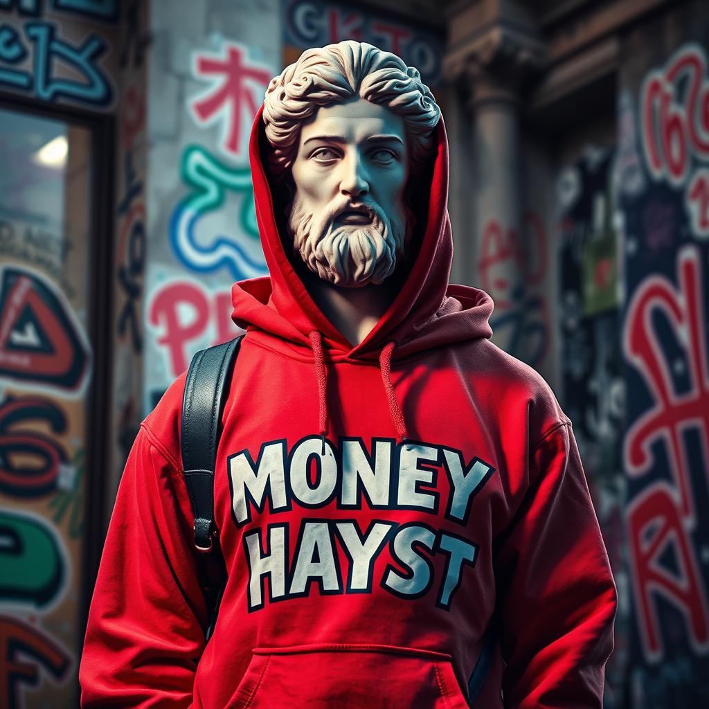 An artistic representation of a Greek statue in a modern urban setting, dressed in a bold red hoodie featuring stylized letters that read 'Money Hayst'