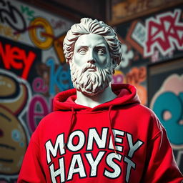 An artistic representation of a Greek statue in a modern urban setting, dressed in a bold red hoodie featuring stylized letters that read 'Money Hayst'