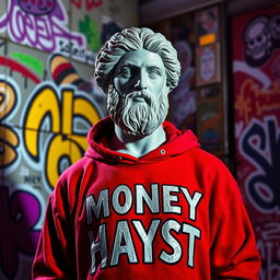 An artistic representation of a Greek statue in a modern urban setting, dressed in a bold red hoodie featuring stylized letters that read 'Money Hayst'