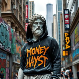 A striking urban scene featuring a classical Greek statue, meticulously detailed, wearing a black hoodie adorned with stylized graffiti-like letters that read 'MONEY HAYST'