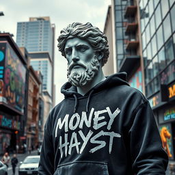 A striking urban scene featuring a classical Greek statue, meticulously detailed, wearing a black hoodie adorned with stylized graffiti-like letters that read 'MONEY HAYST'