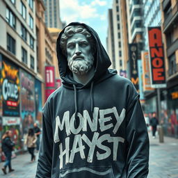 A striking urban scene featuring a classical Greek statue, meticulously detailed, wearing a black hoodie adorned with stylized graffiti-like letters that read 'MONEY HAYST'