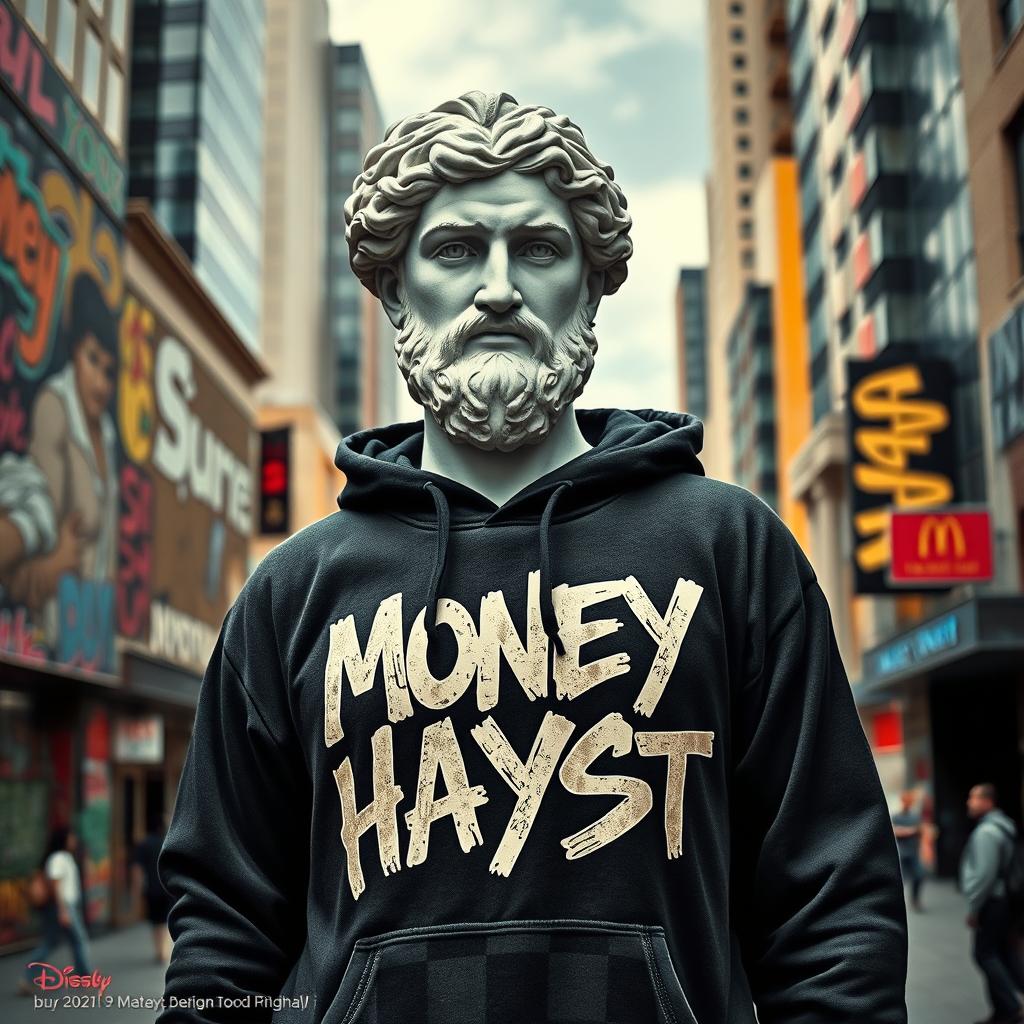 A striking urban scene featuring a classical Greek statue, meticulously detailed, wearing a black hoodie adorned with stylized graffiti-like letters that read 'MONEY HAYST'