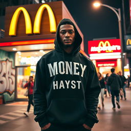 An urban street scene featuring a McDonald's restaurant as the background