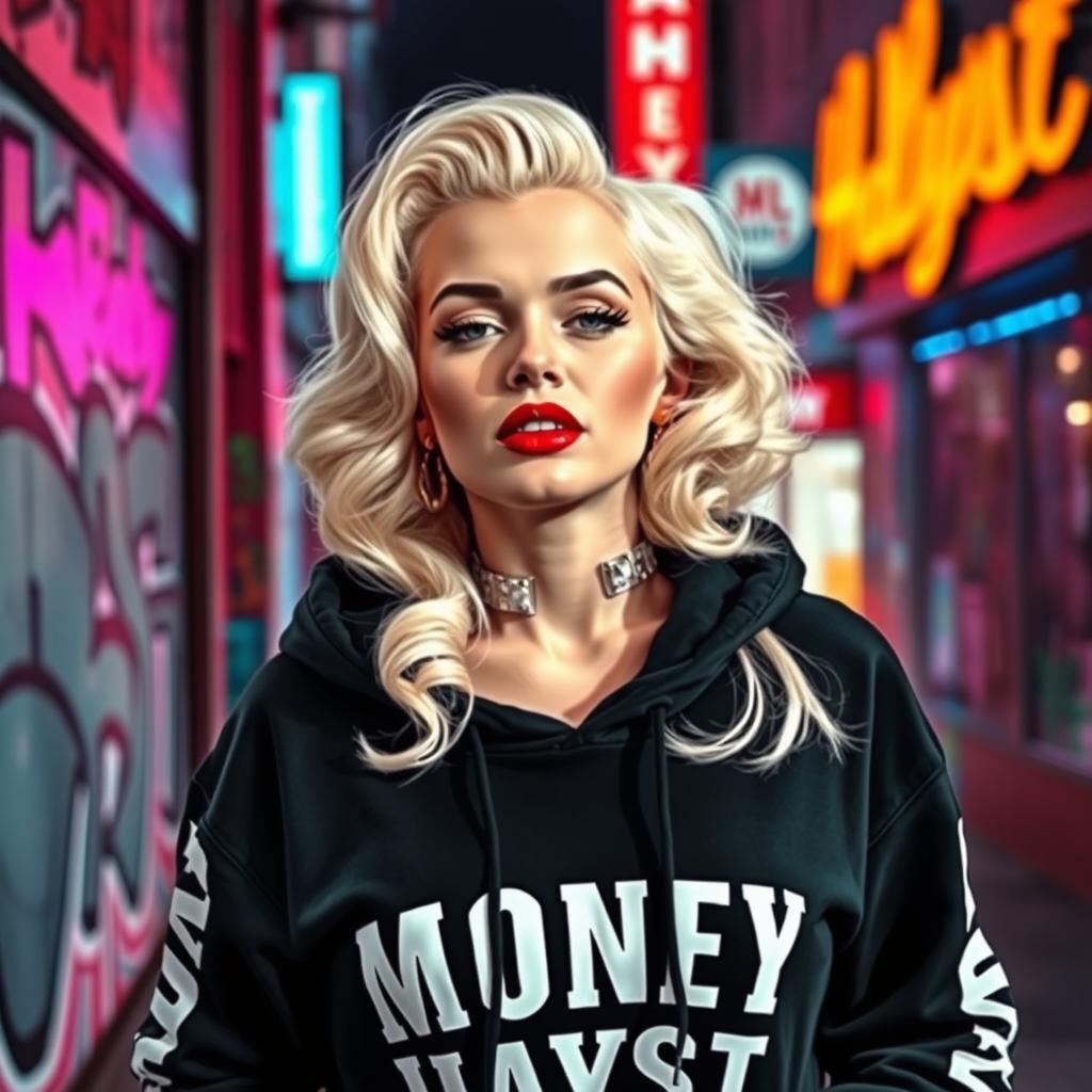 An artistic representation of Marilyn Monroe styled as a modern urban figure, wearing a black hoodie emblazoned with the words 'Money' and 'Hayst' in bold white letters