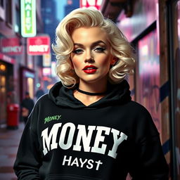 An artistic representation of Marilyn Monroe styled as a modern urban figure, wearing a black hoodie emblazoned with the words 'Money' and 'Hayst' in bold white letters