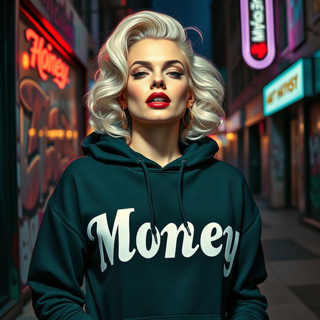 An artistic representation of Marilyn Monroe styled as a modern urban figure, wearing a black hoodie emblazoned with the words 'Money' and 'Hayst' in bold white letters