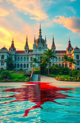 A magnificent palace with intricate architecture, elegantly split in the middle to reveal a lush tropical island on the other side