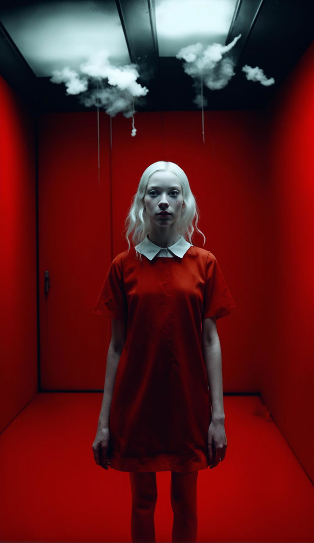 Thin albino teenage girl in white shift dress in a windowless minimalist red room with dark clouds on the ceiling. Raw, unedited 16k photograph capturing side view of symmetrical facial features under low light.