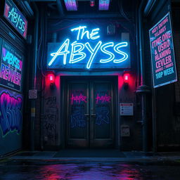 An atmospheric scene depicting the entrance of an underground concert venue named 'The Abyss'