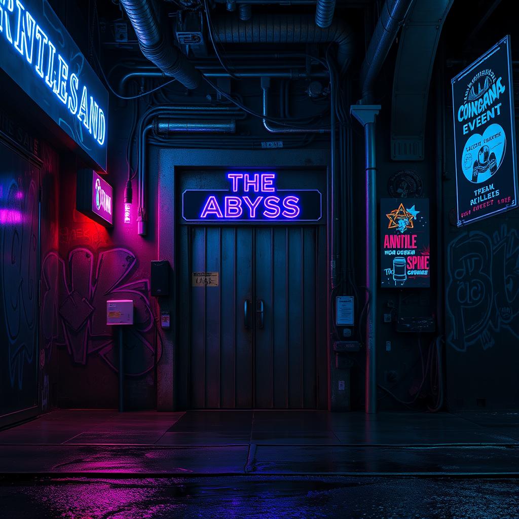 An atmospheric scene depicting the entrance of an underground concert venue named 'The Abyss'