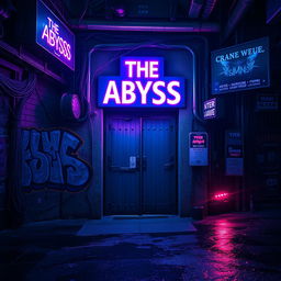 An atmospheric scene depicting the entrance of an underground concert venue named 'The Abyss'