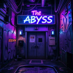 An atmospheric scene depicting the entrance of an underground concert venue named 'The Abyss'