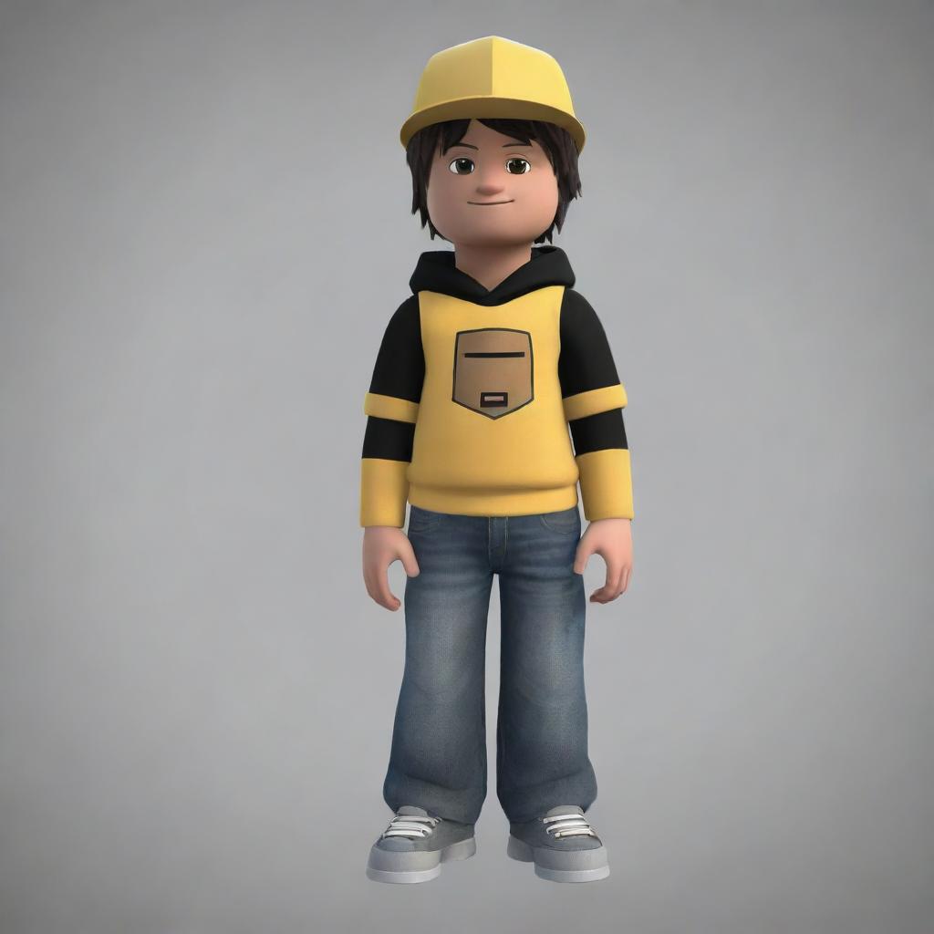 Create a visual representation of an average Roblox player avatar, arrayed in typical gear and a neutral expression